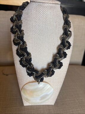 Black and Gray Beaded Necklace with Mother-of-Pearl Pendant